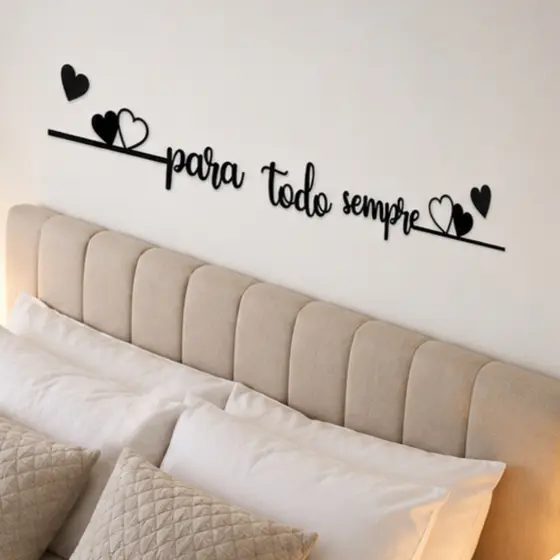 Frase de Parede Para Todo Sempre Dois Corações Decorativo para Quarto Cama Cabeceira MDF