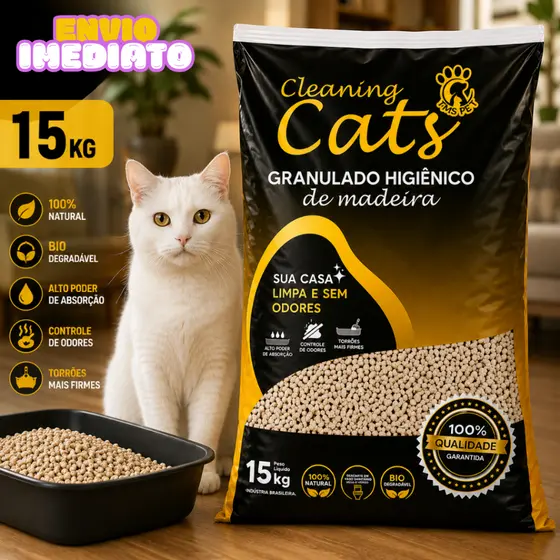 Granulado de Madeira 15KG Areia Higiênica Natural para Gatos Biodegradável - Envio Imediato