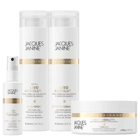 Kit Jacques Janine Liso Absoluto Shampoo Condicionador 240ml Máscara 80g Spray Finalizador 60ml