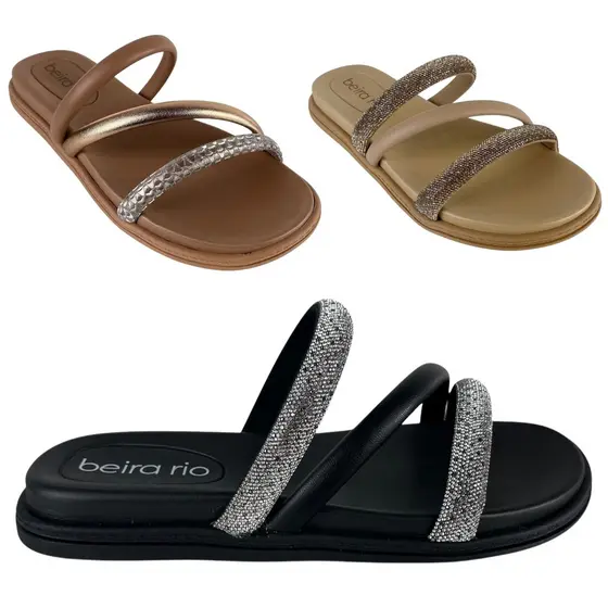 Chinelo Beira Rio Feminino Conforto Slide Tiras Brilho Strass Original Moda