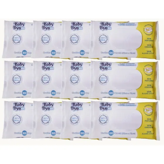 Kit 12 Pacotes Toalha Umedecidas Baby Byn RN 100un cada - Total 1200 unidades EQ.1