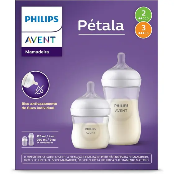 1 Kit 2un Mamadeiras Avent Pétala - 125ml + 260ml transparente SCD838/26