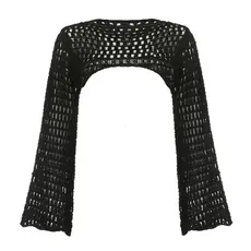 Mulheres Y2k Crochet Knit Oco Out Top Colheita Manga Longa Flared Shrug Sweater Malha Cover Ups Cardigan Streetwear Pullover Mulheres