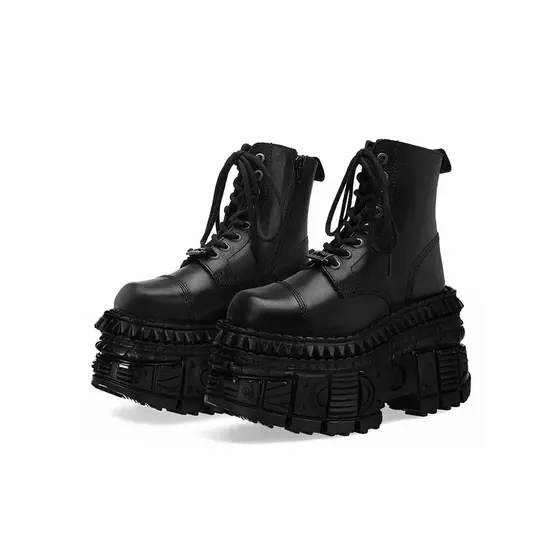 Botas femininas estilo punk, plataforma, salto super alto, botas de cavaleiro com cadarço, botas de cano curto com salto