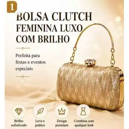 Bolsa Clutch Luxo Dourada Brilho Elegante