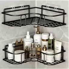 Prateleira de Canto Sem Furo Metal Preto Organizador Banheiro Cozinha Parede Adesiva Forte Suporte Shampoo Temperos Resi