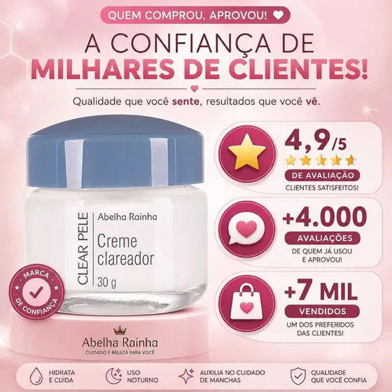Creme Clareador Clear Pele da Abelha Rainha 60g (machas, melasma, acne...)