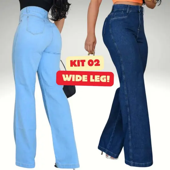 Kit 2 Calças Jeans Wide Leg Pantalona Feminina Clara Escura Cós Alto Cintura Alta Modeladora