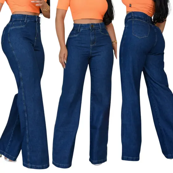 Calça Jeans Wide Leg Escura Estilo Pantalona Cós Alto Modeladora e Cintura Alta