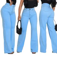 Calça Jeans Wide Leg Clara Feminina Cos Alto Estilo Pantalona Modeladora Cintura Alta