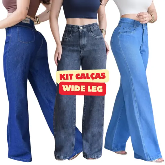 Kit Calça Wide Leg Jeans Pantalona Feminina Cos Alto Carbono Clara e Escura Flare