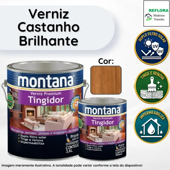 Verniz Premium Tingidor Castanho Brilhante 900ml e 3,6L Montana Proteção para Madeiras