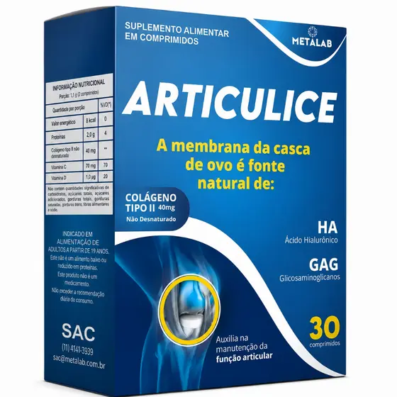 Articulice 30 cp Ácido Hialurônico Glucosaminoglicanos Colágeno Tipo 2 Não Desnaturado e Colágeno