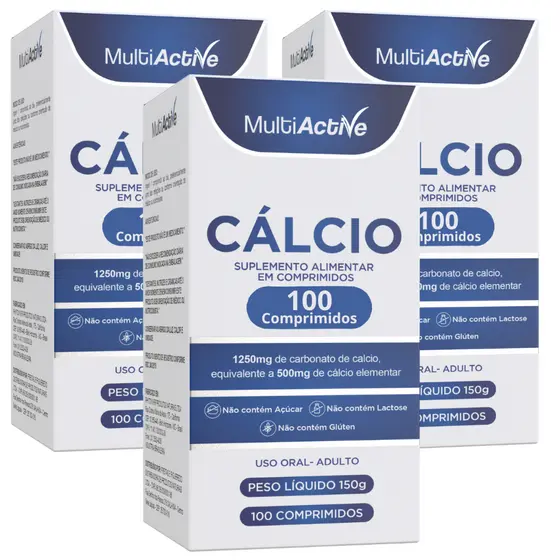 Calcio 500mg MultiActive Zero Açucar Formula Balanceada Sem Lactose 100cp 3 Frascos