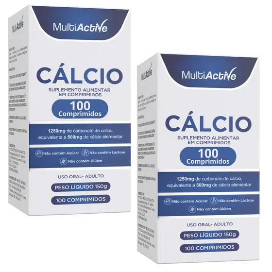 Cálcio 500mg MultiActive 100cp Suplemento Zero Açúcar Sem Lactose Oferta 2 Potes