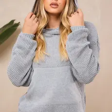 Blusa de Tricot com Capuz e Bolso Manga Longa Inverno Lançamento Trico Elegante Tendência