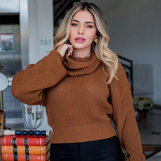 Blusa de Tricot Gola Boba Lançamento Feminino Inverno Manga Longa Elegante de Frio Gola Alta Trico