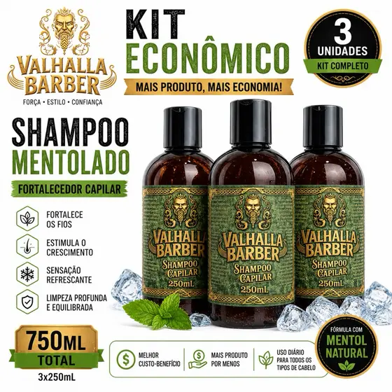 Kit 3 Shampoo Masculino Valhalla Barber 250ml | Fortalecedor Capilar | 750ml Total