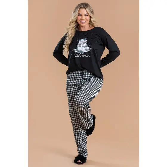 Pijama Longo Feminino Inverno Adulto Calça Manga Longa Gatinho Xadrez