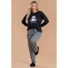 Pijama Longo Feminino Inverno Adulto Calça Manga Longa Gatinho Xadrez