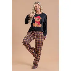 Pijama Longo Feminino Inverno Adulto Calça Urso Com Cachecol