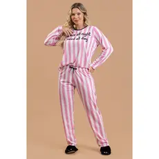 Pijama Longo Feminino Inverno Adulto Calça Listra Rosa
