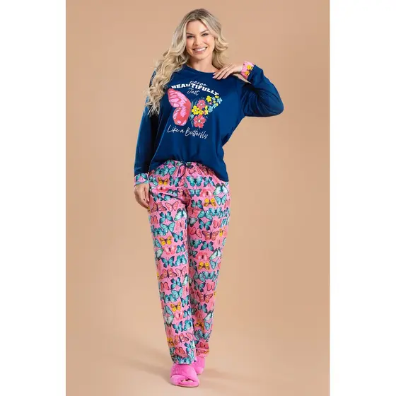 Pijama Longo Feminino Inverno Adulto Calça Manga Longa Borboletas
