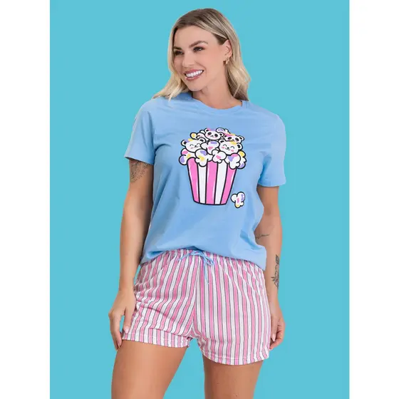 Pijama Curto Feminino Adulto Verão Manga Curta Pipocas Azul