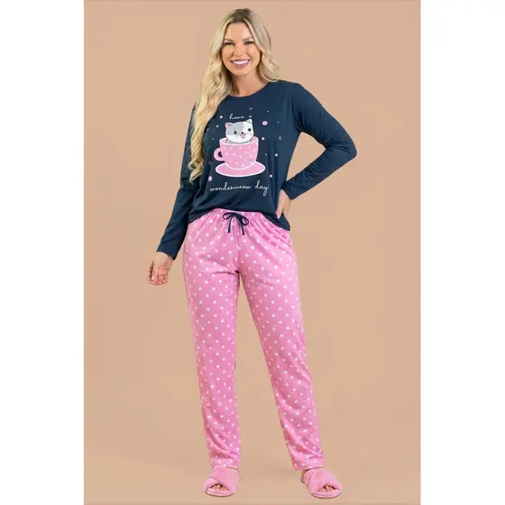 Pijama Feminino Manga Longa Inverno Adulto Gatinha Na Xicara