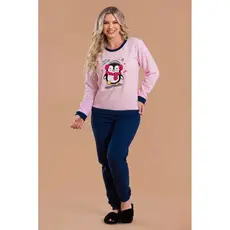 Pijama Longo Feminino Inverno Adulto Calça Soft Pinguim Cachecol