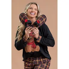 Kit Pijama Longo Feminino Inverno Adulto Calça Urso + Pantufa Feminino Inverno Confortável Xadrez Marrom Com Preto