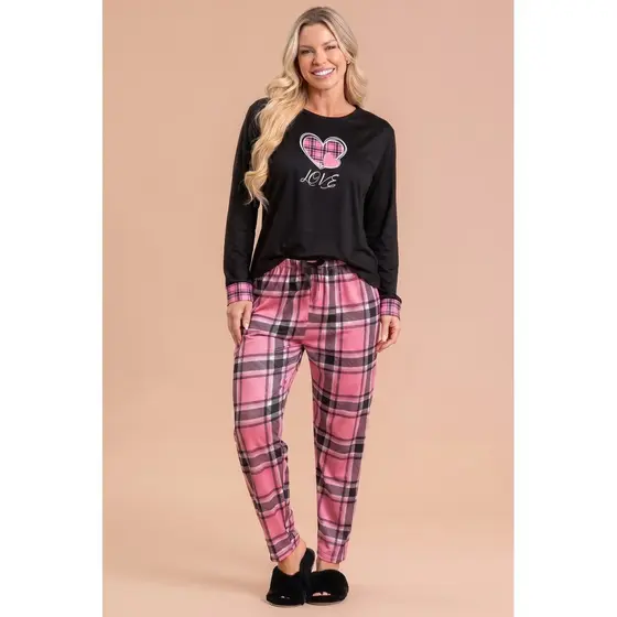 Pijama Longo Feminino Inverno Adulto Calça Manga Longa - Coração Xadrez Rosa