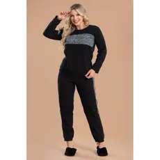 Pijama Longo Feminino Inverno Adulto Calça Soft Peluciado - Preto Com Mescla