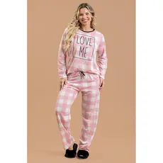 Pijama Longo Feminino Inverno Adulto Calça Love Xadrez Rosa