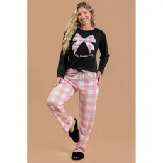 Pijama Longo Feminino Inverno Adulto Calça - Laço Xadrez Rosa
