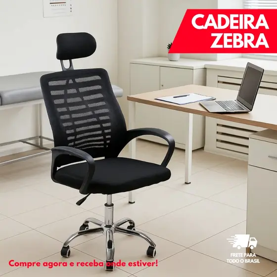 Cadeira De Escritório Giratória Cor Preto Estofado Mesh Com Apoio Encosto Para Cabeça