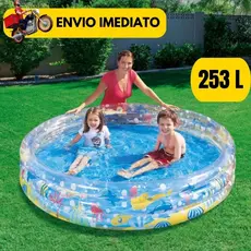 Piscina Inflável Infantil 3 Anéis Transparente 253 Litros Fundo Do Mar Para Crianças, Bebes, Campo, Praia Resistente