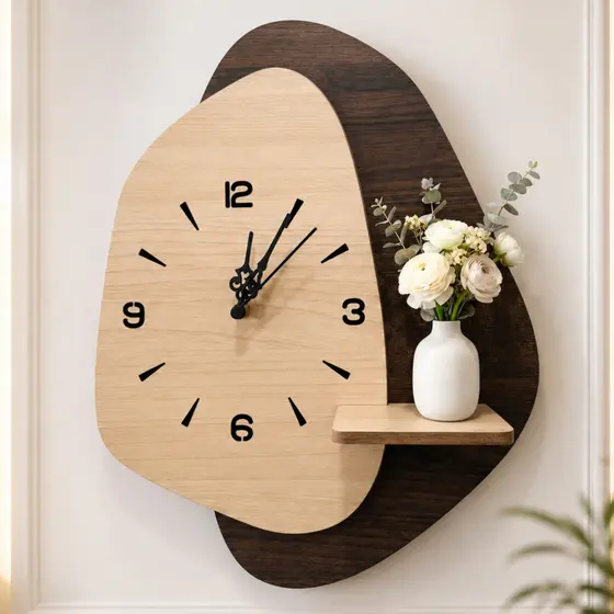 Relógio de Parede Decorativo MDF Premium com Prateleira 35cm Sala Quarto Cozinha
