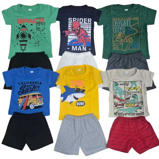 Kit Sortido 6 Peças Infantil Menino 3 Camisetas + 3 Bermudas Conjunto 1 ao 8 Verão