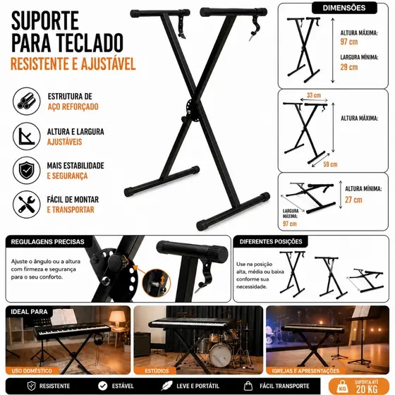 Suporte Pedestal Teclado 7 Niveis Altura Profissional Klx