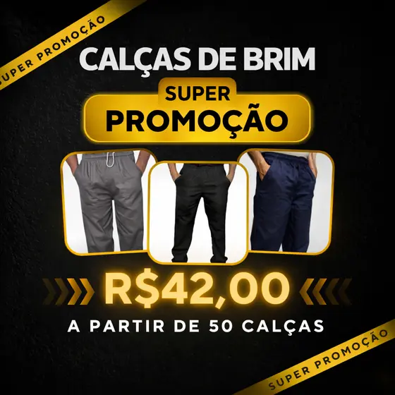 Kit com 50 Calças de Brim Pesado REFORÇADA (4 Bolsos) Elástico e Cordão Ajuste - Uniforme Profissional