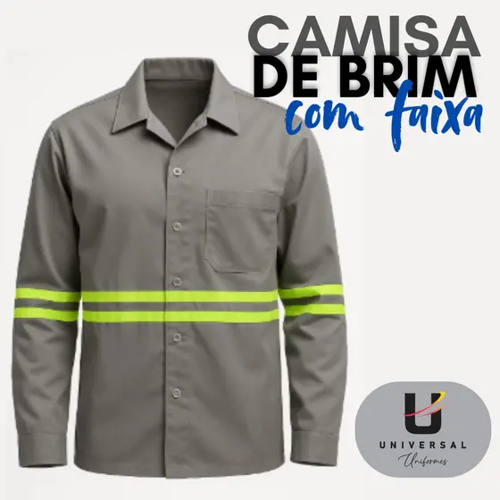 Jaleco de Trabalho Brim Cinza com Faixa Refletiva | Alta Resistência e Visibilidade | Profissional