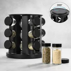 Porta Tempero Giratorio Preto Com 6/9 Potes Vidro Reforçado Premium