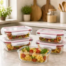 Kit 5/10 Potes de Vidro 640ml Hermético Marmita Forno Fit Retangular Com Tampa 4 Travas