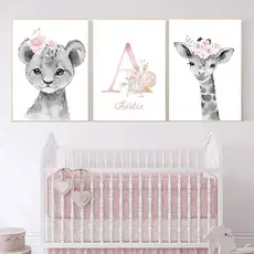 quadro decorativo infantil safari preto e branco bichinhos leoa girafa fofa personalizada 3 peças
