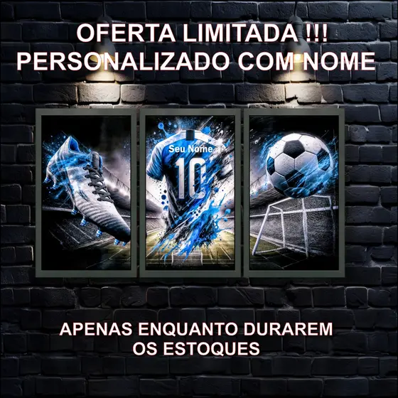 Kit 3 Quadros Decorativos Infantil Futebol, Personalizado com Nome, Camisa, Chuteira, Bola, Quarto