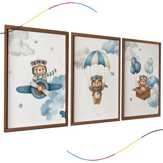Conjunto de 3 Quadros Decorativos Infantis com moldura Urso Aviador em Azul Arte para Quarto de Bebê