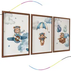 Conjunto de 3 Quadros Decorativos Infantis com moldura Urso Aviador em Azul Arte para Quarto de Bebê