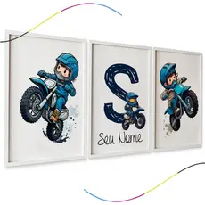 Quadros Decorativos Infantis Motocross, Conjunto 3 Peças, Letra S Personalizável, Azul e Branco