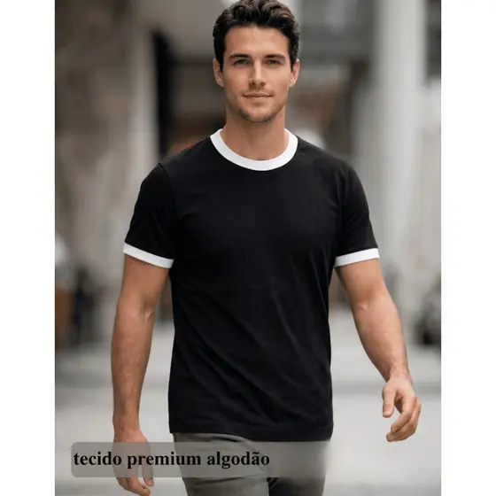 Camiseta Masculina T-Shirt Lisa Premium Básica Confortável Moderna Casual Bicolor